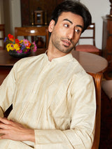 Men Beige Cotton Silk Pintex Design Thread Work Kurta With Pyjama