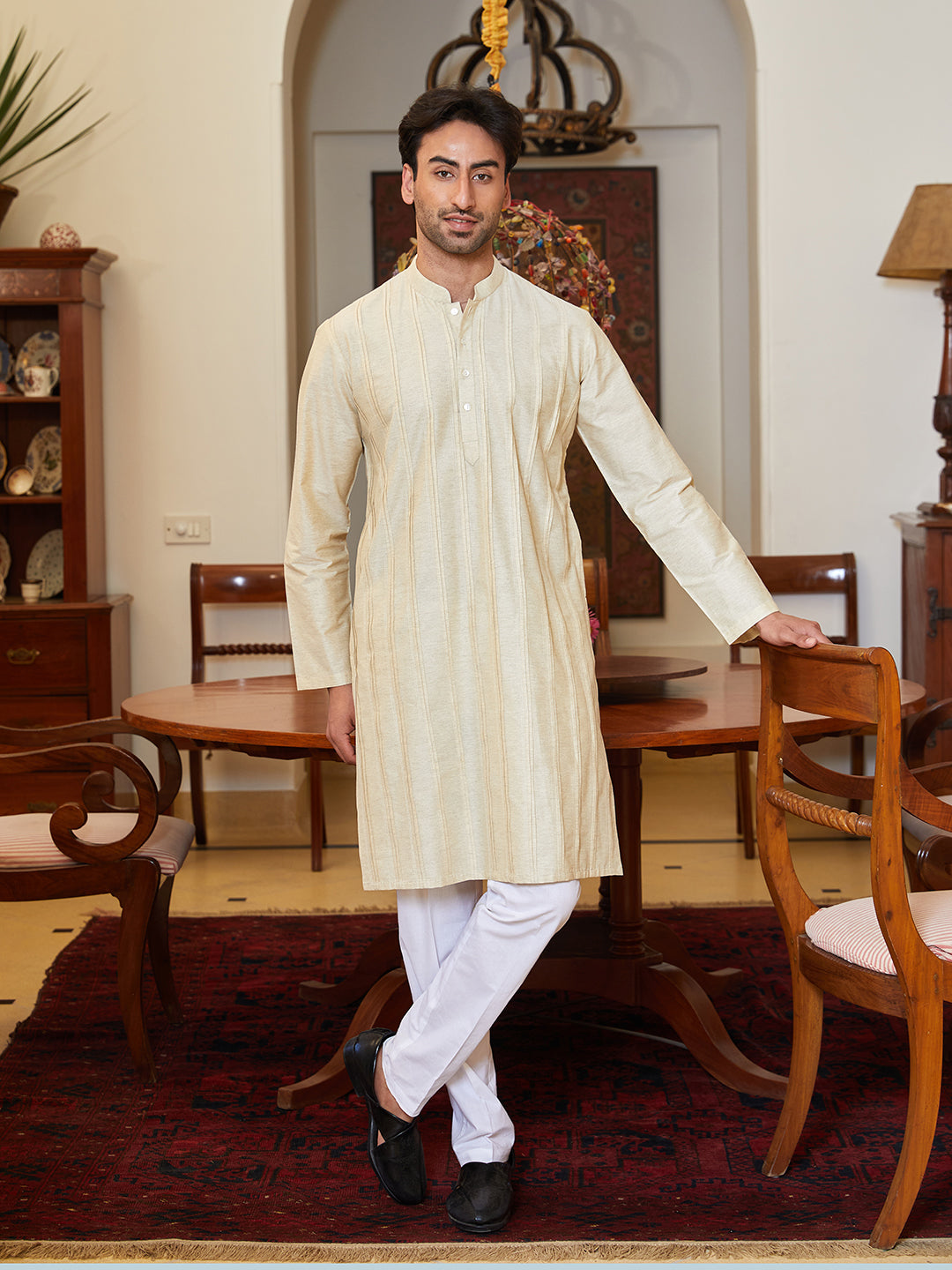 Men Beige Cotton Silk Pintex Design Thread Work Kurta With Pyjama