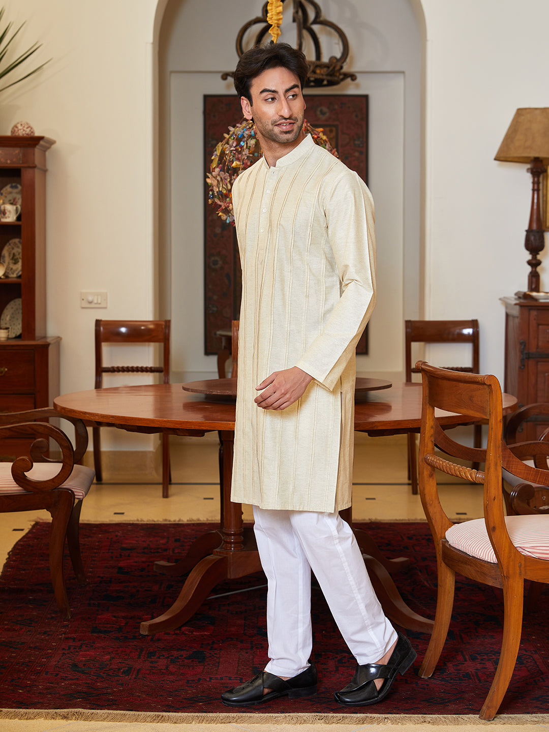 Men Beige Cotton Silk Pintex Design Thread Work Kurta With Pyjama