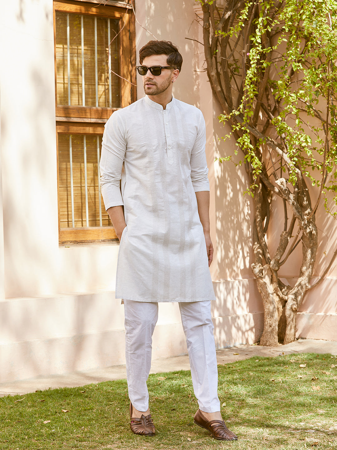 Men Cream Cotton Silk Pintex Design Thread Work Kurta With Pyjama