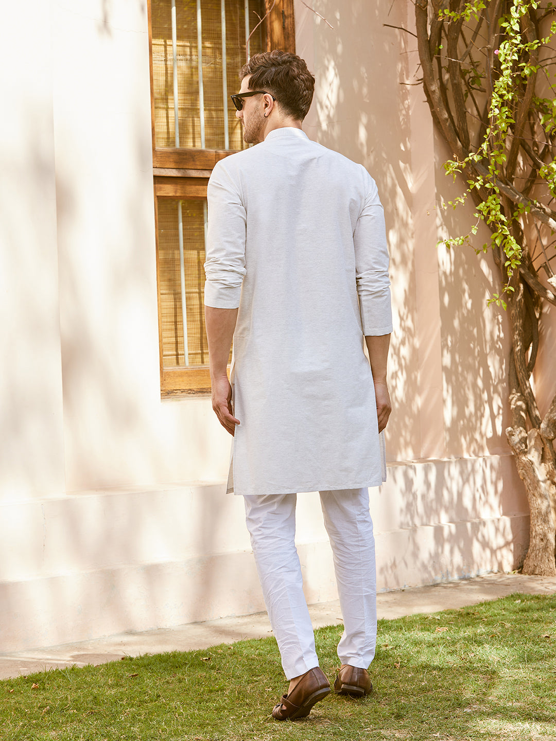 Men Cream Cotton Silk Pintex Design Thread Work Kurta With Pyjama
