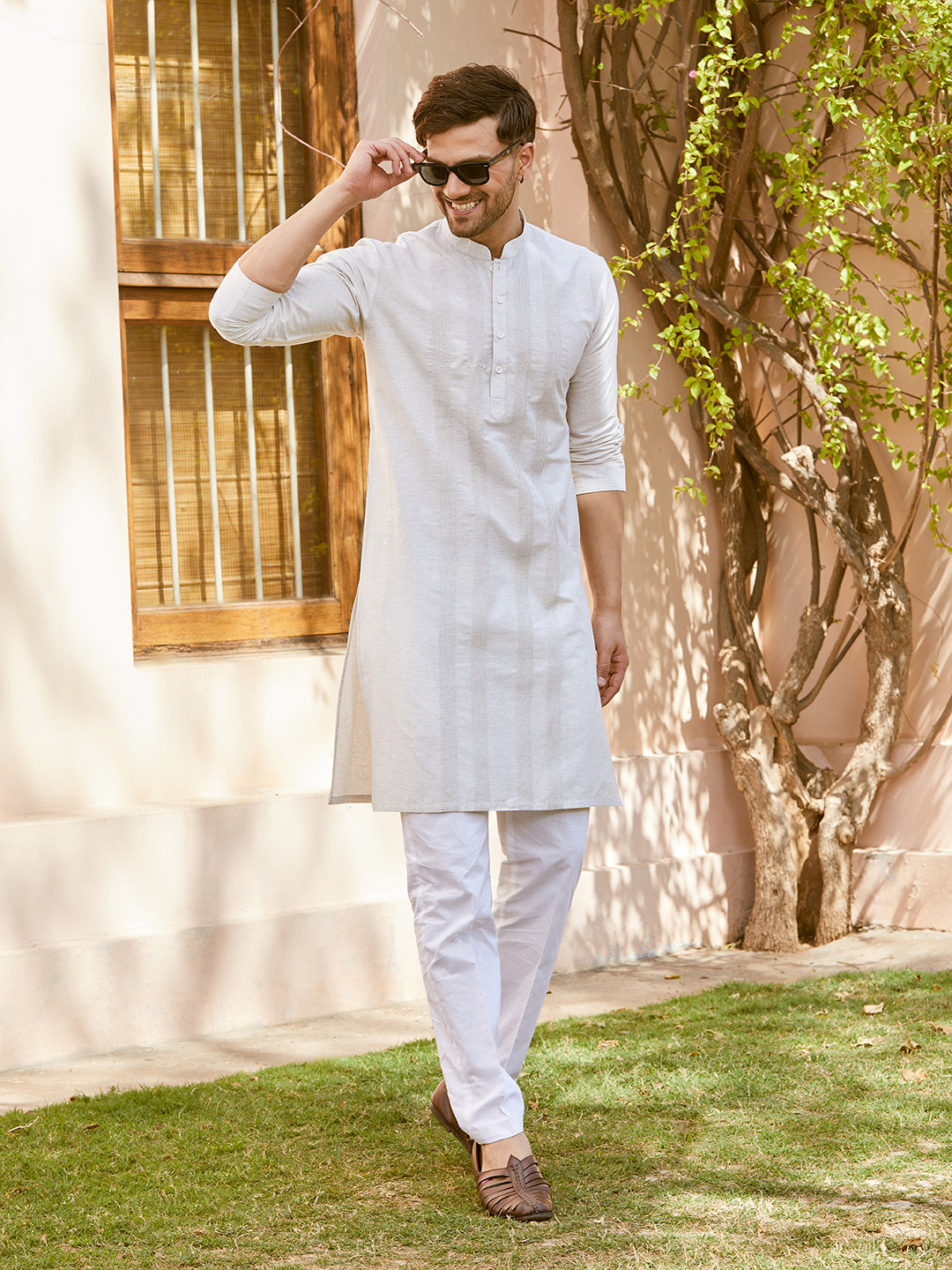 Men Cream Cotton Silk Pintex Design Thread Work Kurta With Pyjama