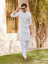 Men Cream Cotton Silk Pintex Design Thread Work Kurta With Pyjama
