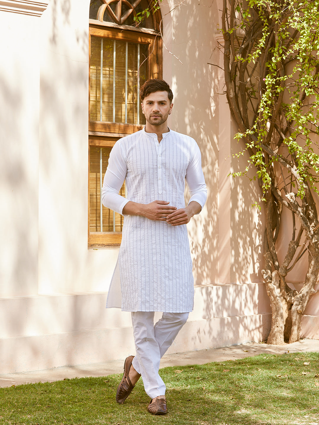 Men White Cotton Pintex Design Thread Work Kurta With Pyjama