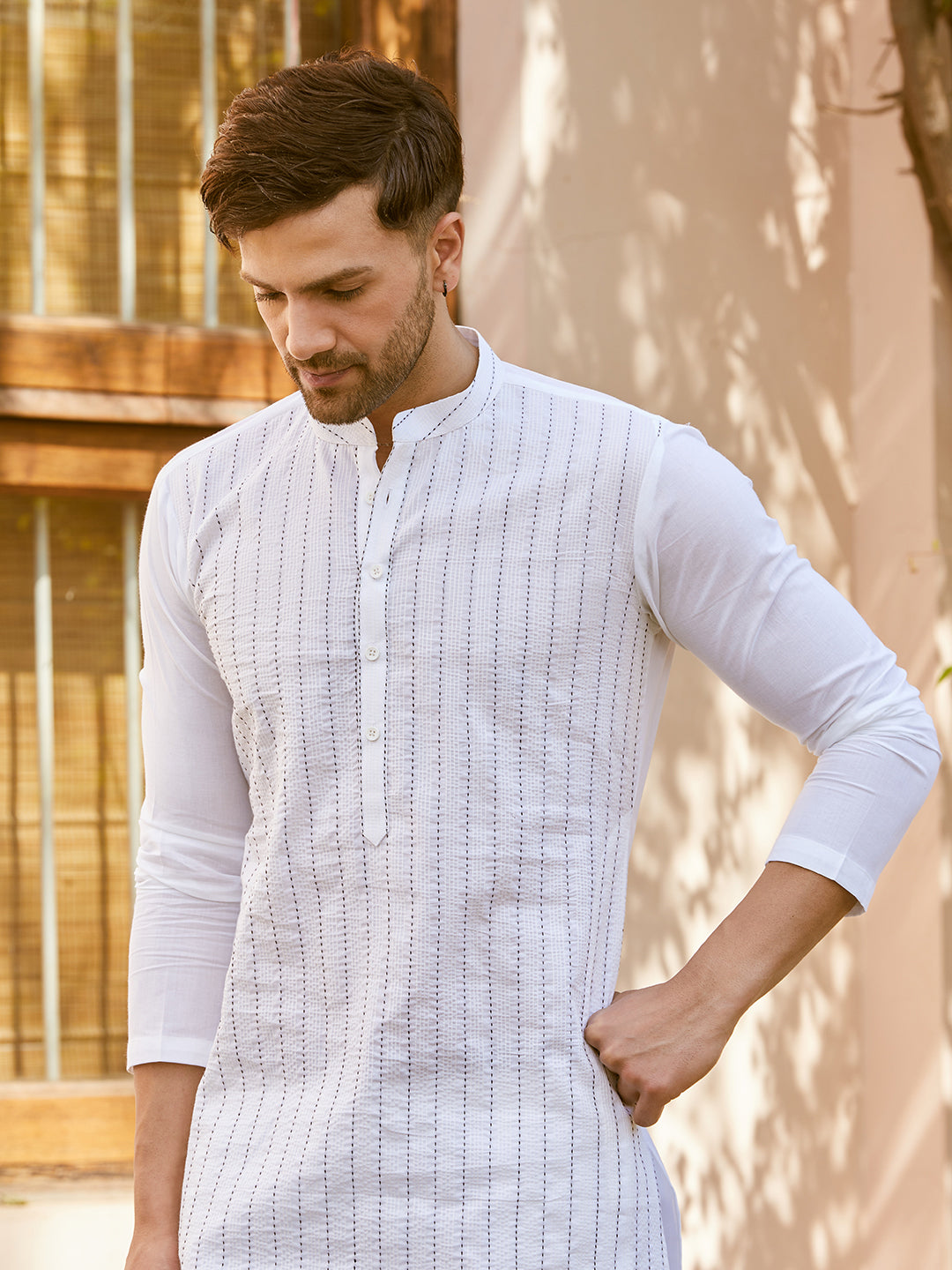 Men White Cotton Pintex Design Thread Work Kurta With Pyjama
