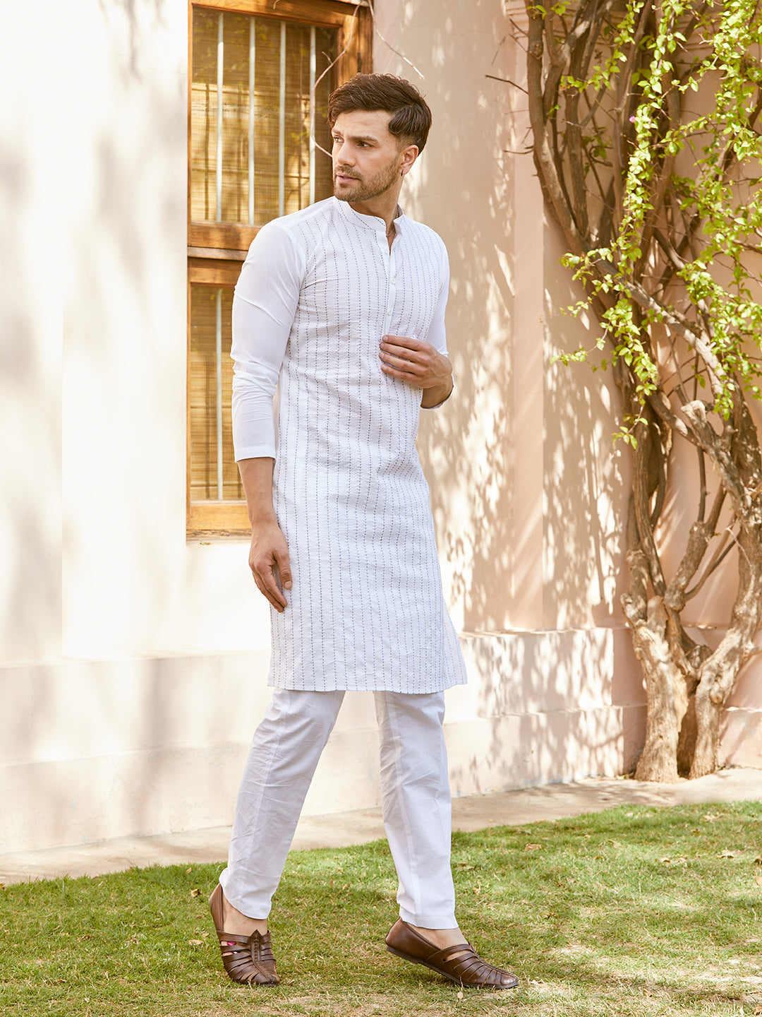 Men White Cotton Pintex Design Thread Work Kurta With Pyjama