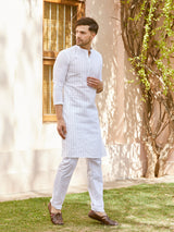Men White Cotton Pintex Design Thread Work Kurta With Pyjama