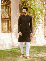 Men Black Cotton Pintex Design Thread Work Kurta With Pyjama