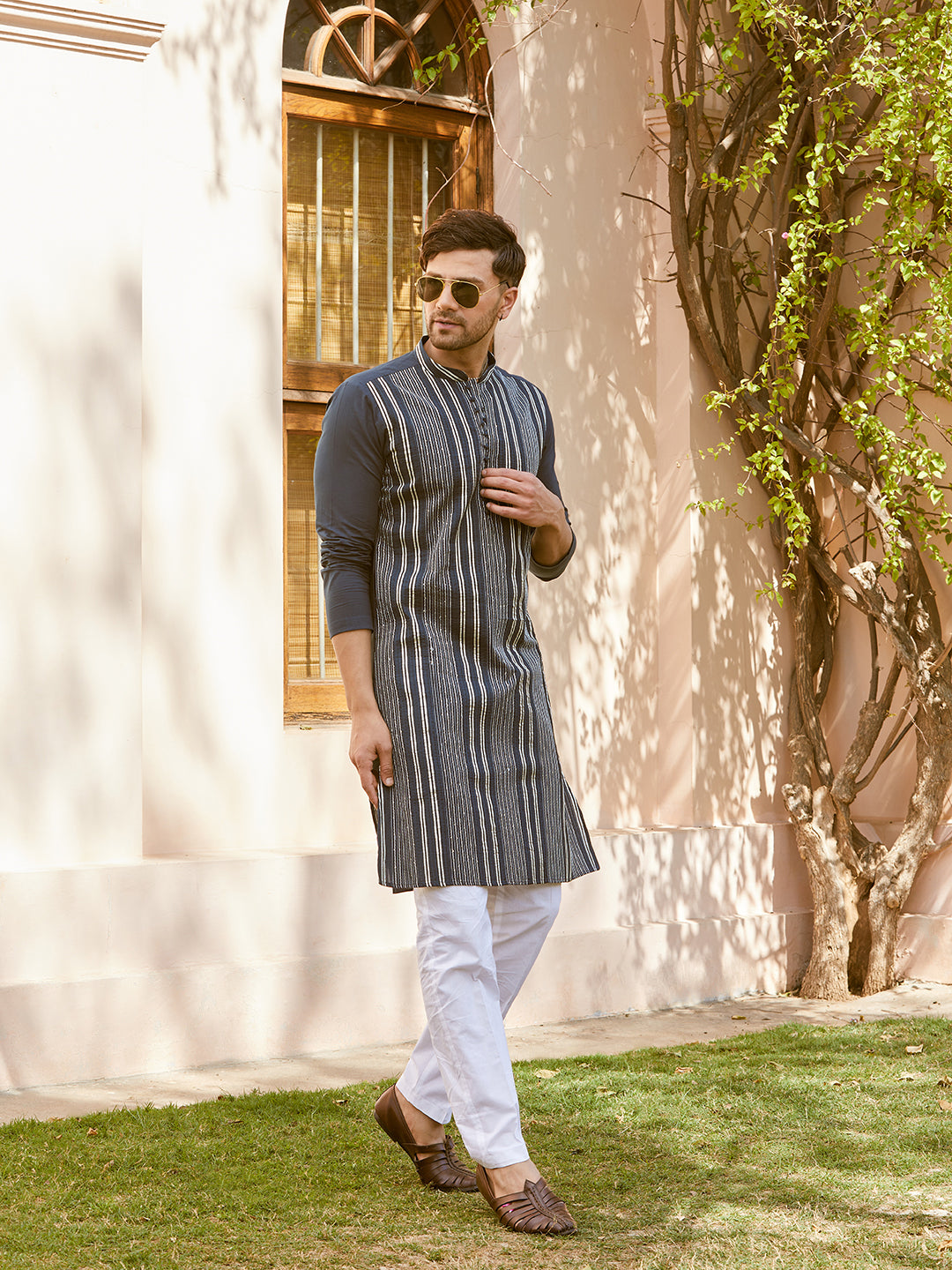 Men Teal Cotton Pintex Design Sequins Kurta