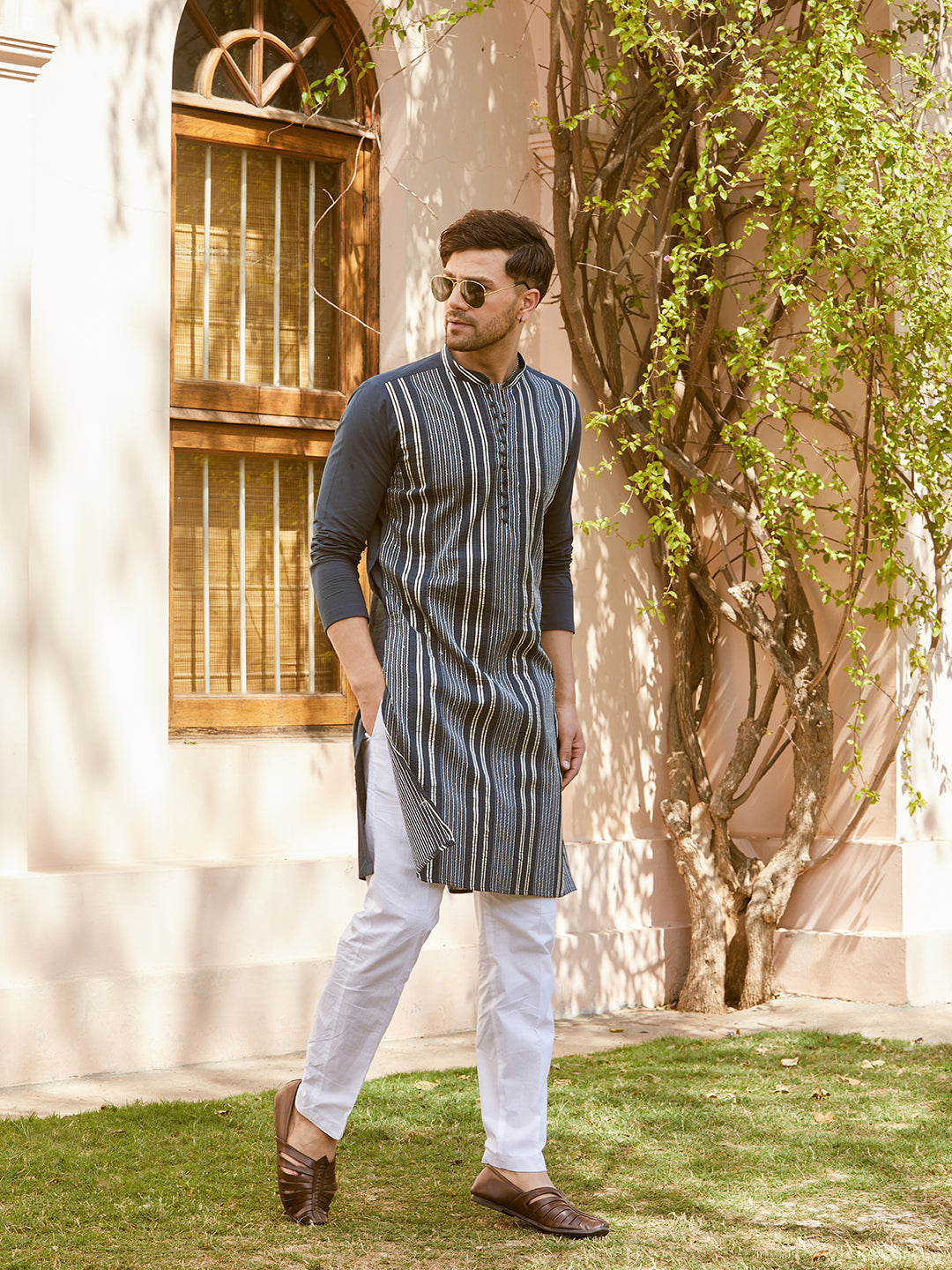 Men Teal Cotton Pintex Design Sequins Kurta