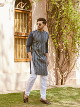 Men Teal Cotton Pintex Design Sequins Kurta