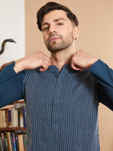 Men Teal Cotton Pintex Design Multi Thread Work Kurta With Pyjama