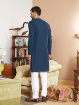 Men Teal Cotton Pintex Design Multi Thread Work Kurta With Pyjama