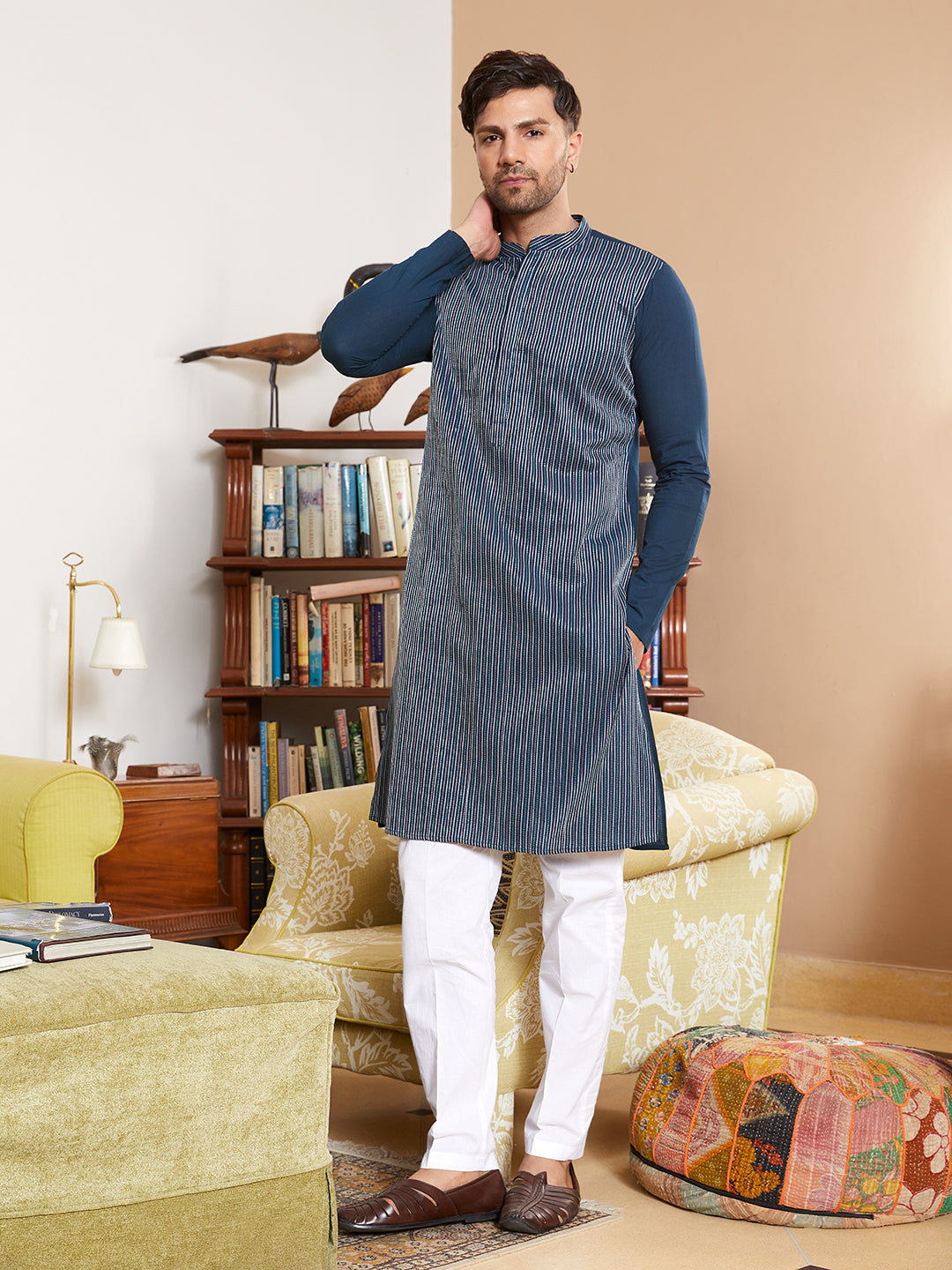 Men Teal Cotton Pintex Design Multi Thread Work Kurta With Pyjama