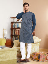 Men Teal Cotton Pintex Design Multi Thread Work Kurta With Pyjama