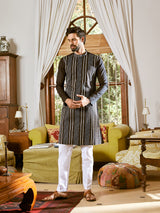 Men Black Cotton Pintex Design Sequins Kurta With Pyjama