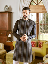 Men Black Cotton Pintex Design Sequins Kurta With Pyjama
