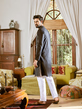 Men Black Cotton Pintex Design Sequins Kurta With Pyjama