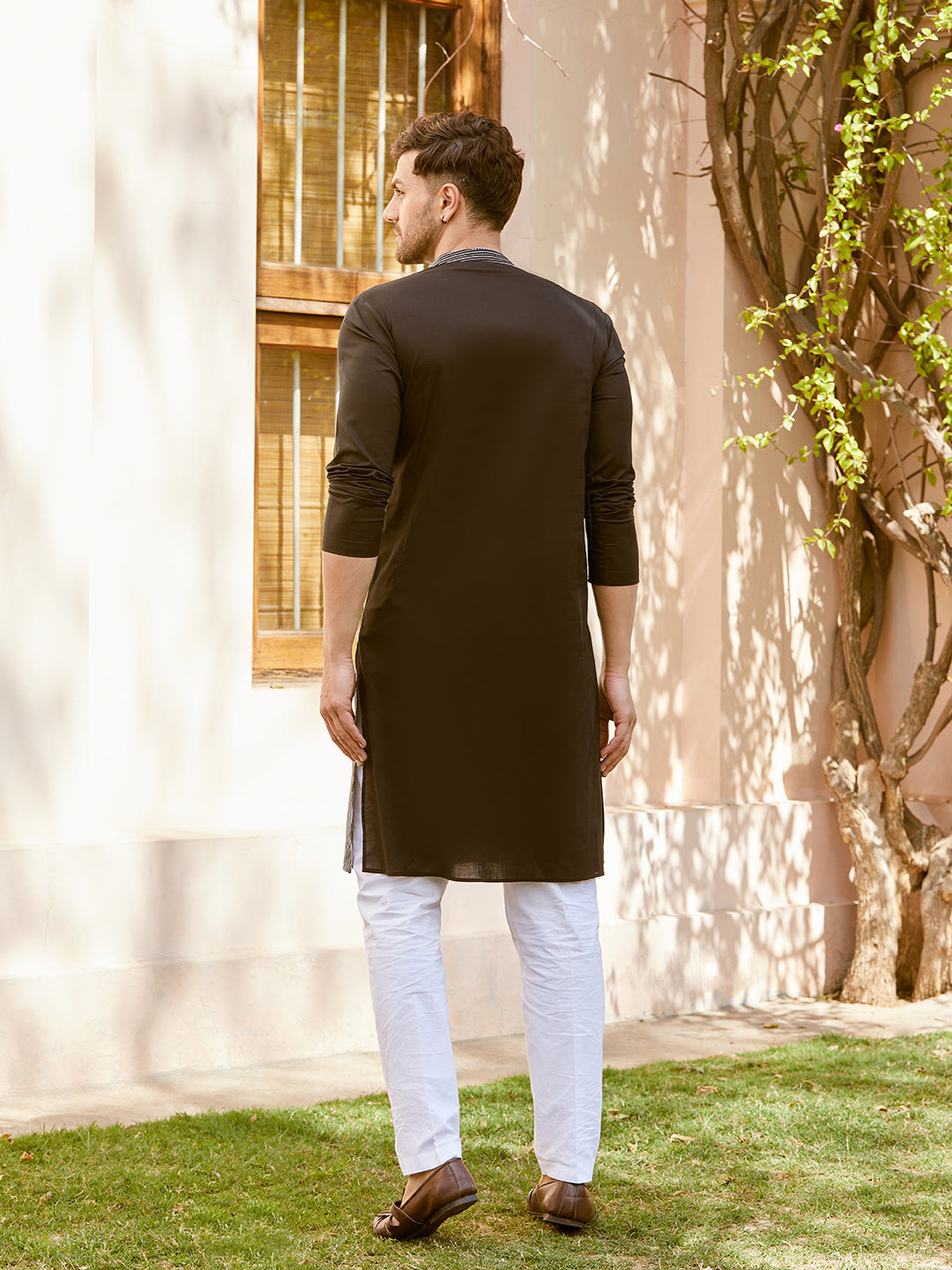 Men Black Cotton Pintex Design Multi Thread Work Kurta With Pyjama