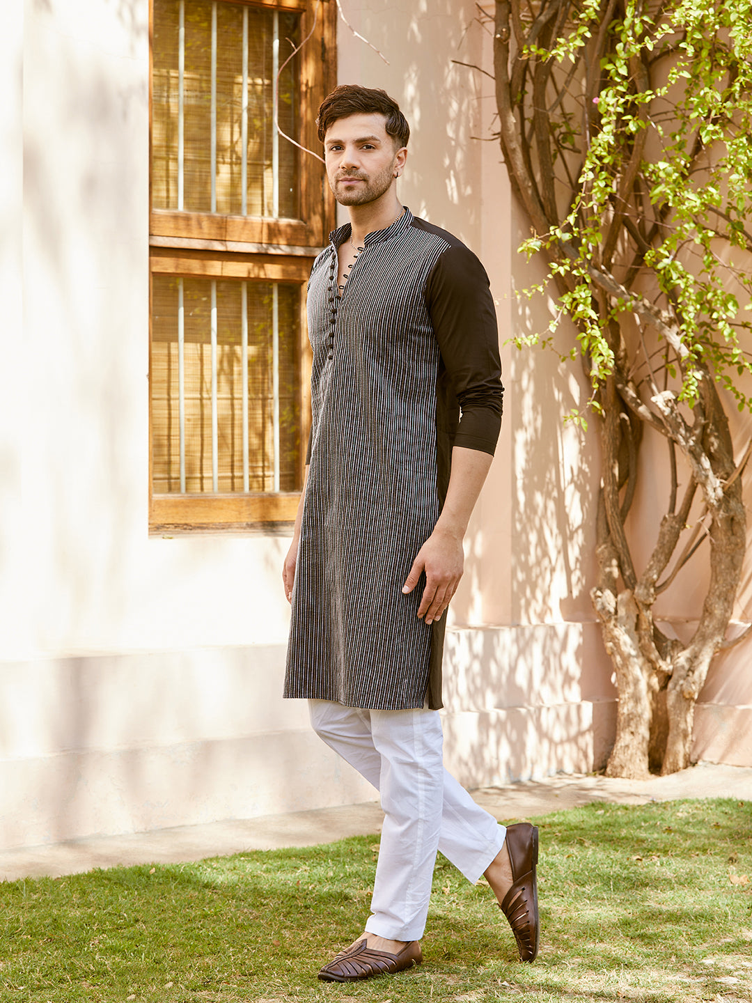 Men Black Cotton Pintex Design Multi Thread Work Kurta With Pyjama