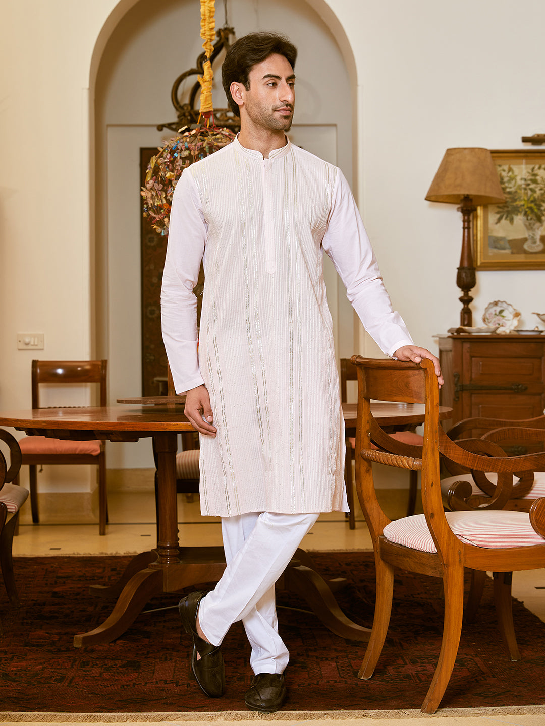 Men Pink Cotton Pintex Design Sequins Kurta With Pyjama