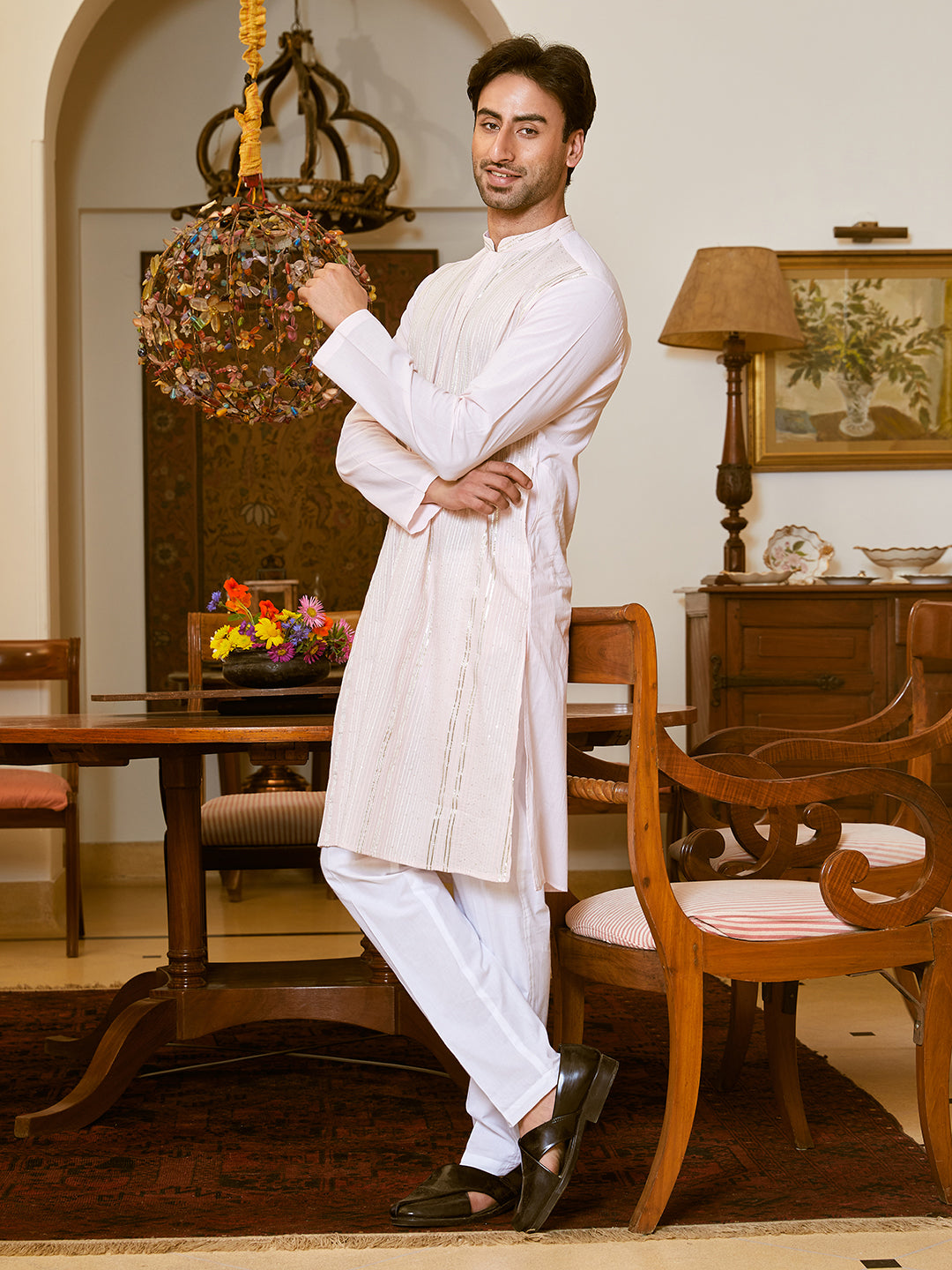 Men Pink Cotton Pintex Design Sequins Kurta
