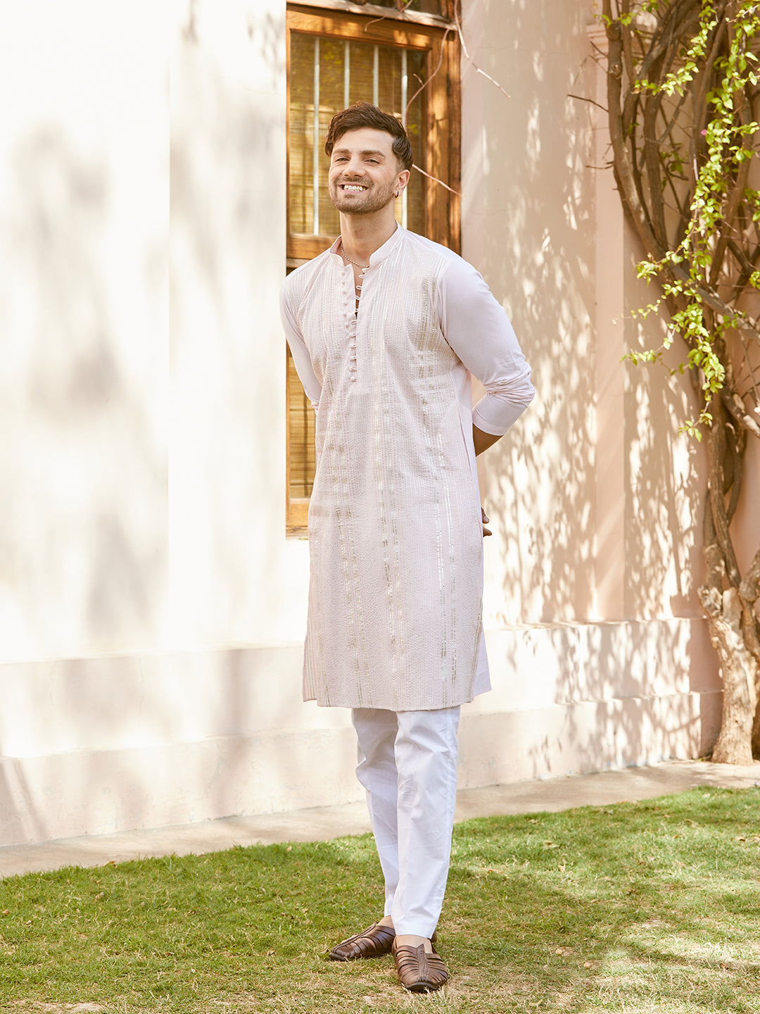 Men Pink Cotton Pintex Design Sequins Kurta