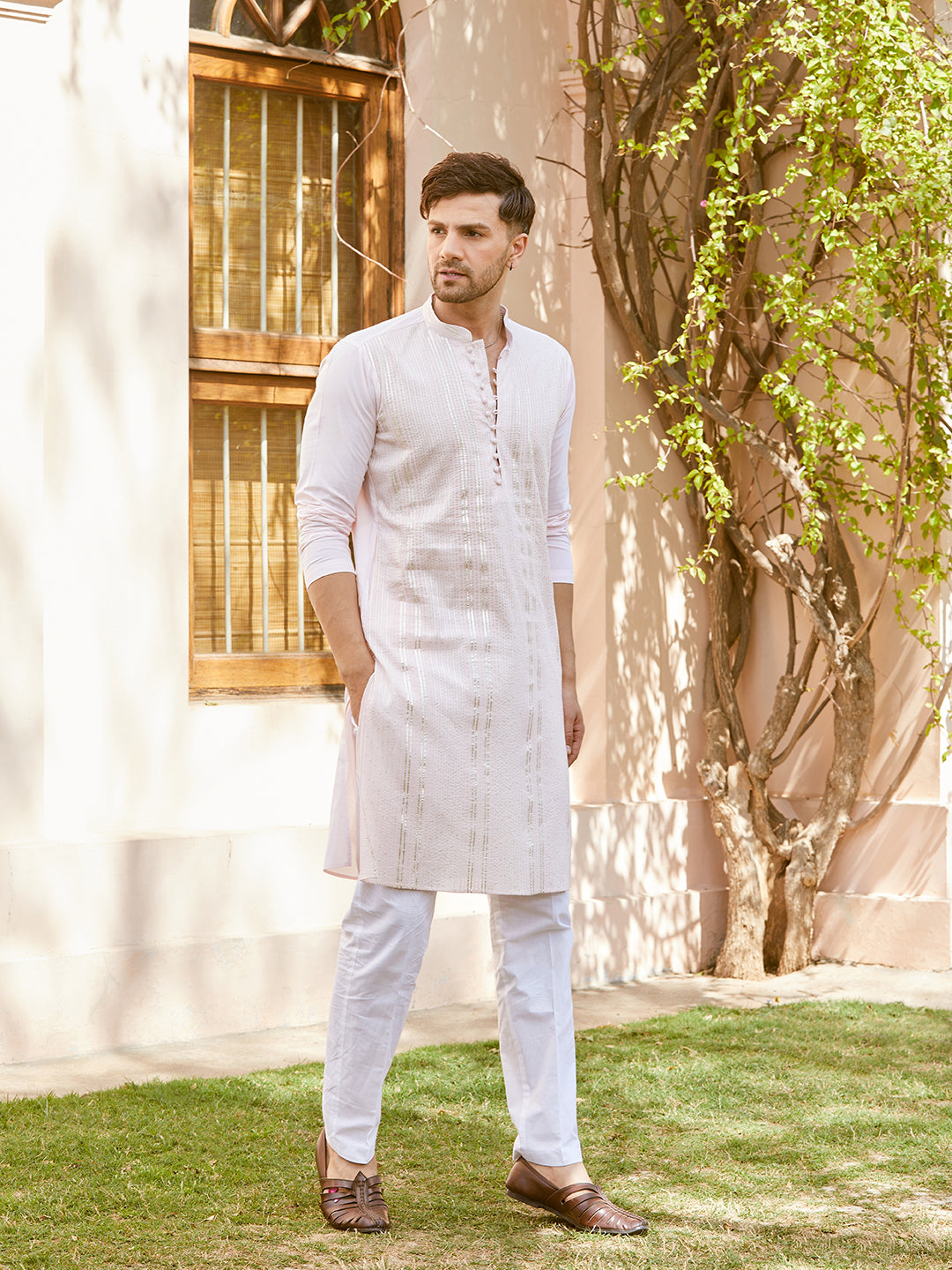 Men Pink Cotton Pintex Design Sequins Kurta