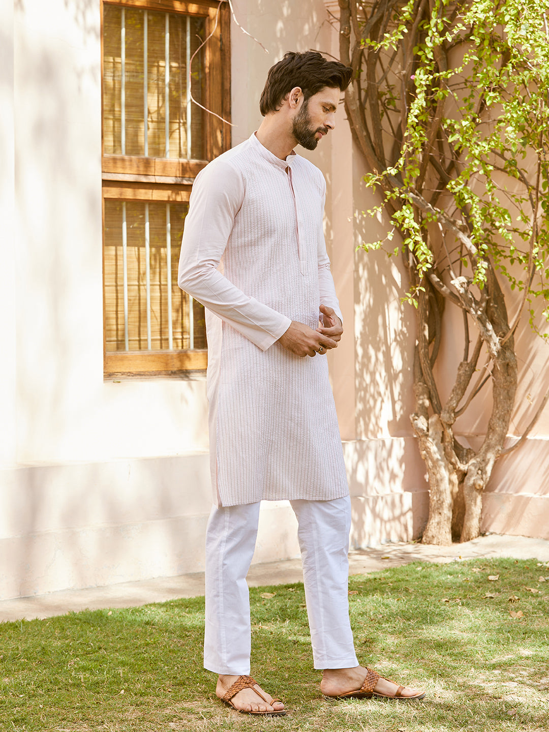 Men Pink Cotton Pintex Design Multi Thread Work Kurta With Pyjama