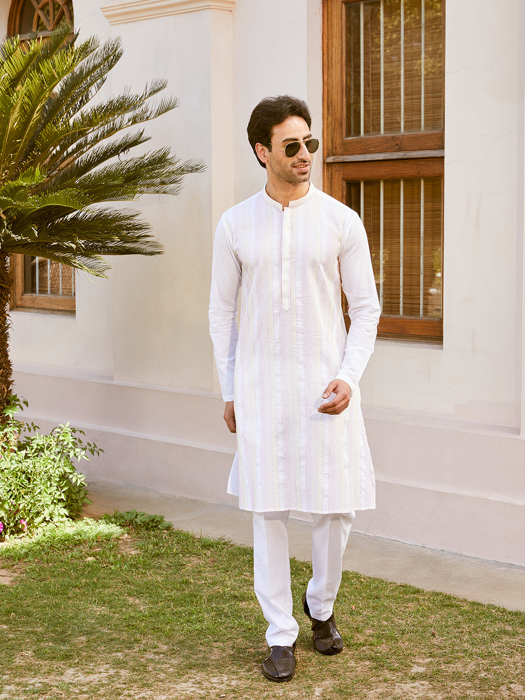 Men White Cotton Pintex Design Multi Thread Work Kurta With Pyjama
