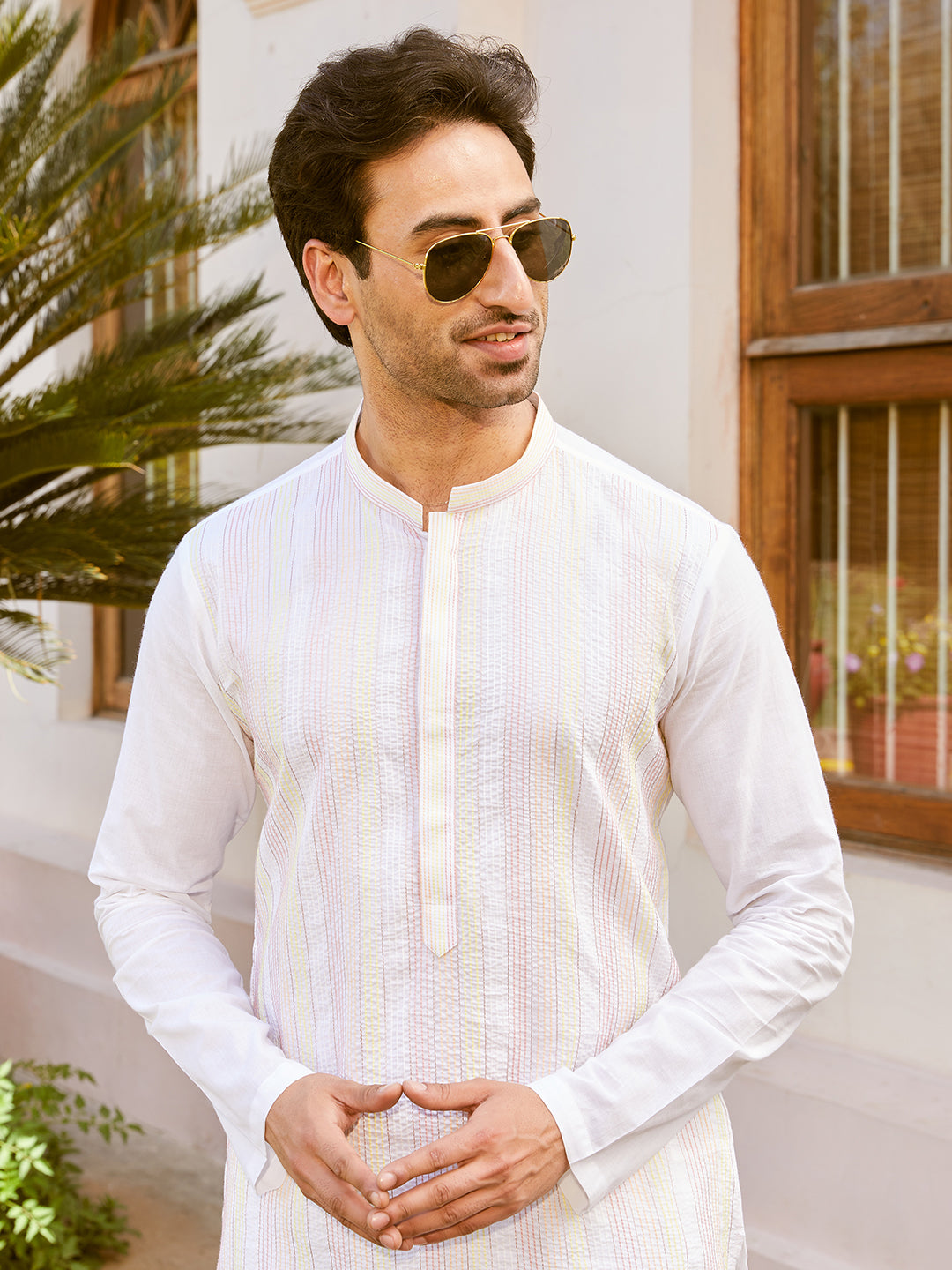 Men White Cotton Pintex Design Multi Thread Work Kurta With Pyjama