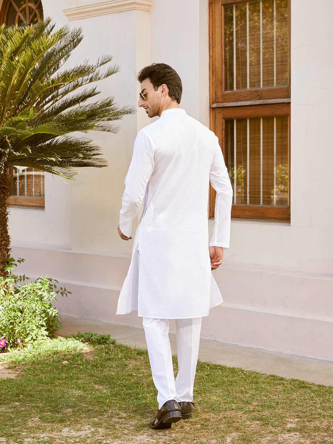 Men White Cotton Pintex Design Multi Thread Work Kurta With Pyjama
