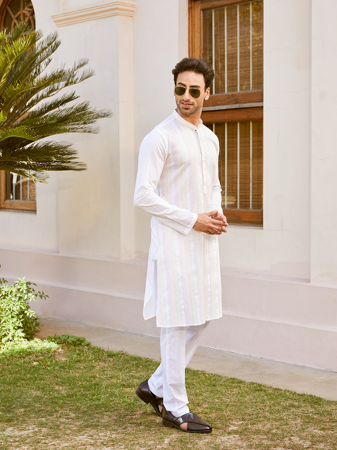 Men White Cotton Pintex Design Multi Thread Work Kurta With Pyjama