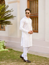 Men White Cotton Pintex Design Multi Thread Work Kurta With Pyjama