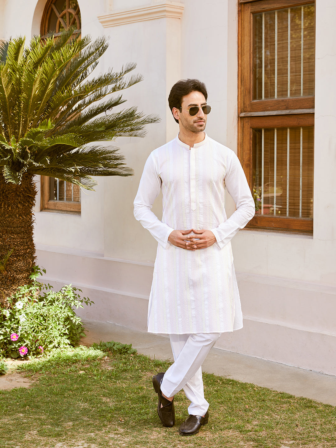 Men White Cotton Pintex Design Multi Thread Work Kurta With Pyjama