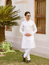 Men White Cotton Pintex Design Multi Thread Work Kurta With Pyjama