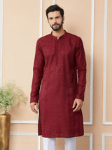 Men Dark Maroon Embroidered Thread Work Sequin Chanderi Silk Straight Kurta