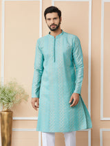 Ice Green Embroidered Thread Work Sequin Chanderi Silk Straight Kurta