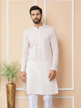Light Pink Thread & Sequins Work Pure Cotton Straight Kurta