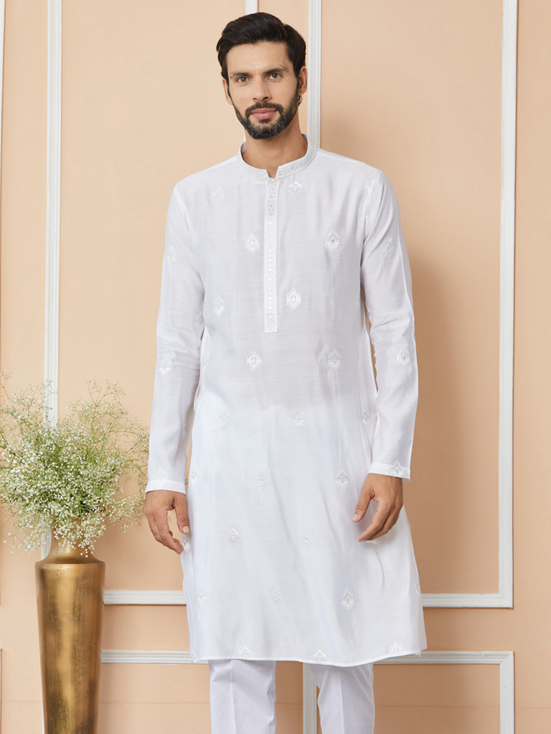 White Embroidered Pure Chanderi Silk Straight Kurta