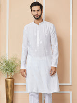 White Embroidered Pure Chanderi Silk Straight Kurta