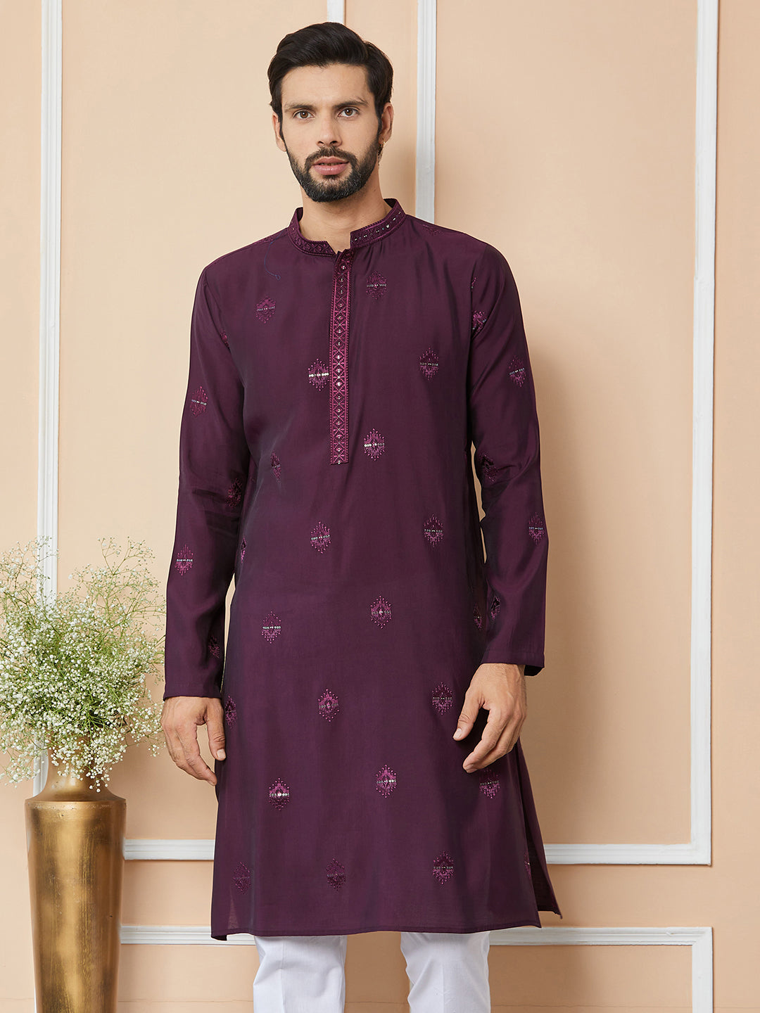 Purple Embroidered Pure Chanderi Silk Straight Kurta
