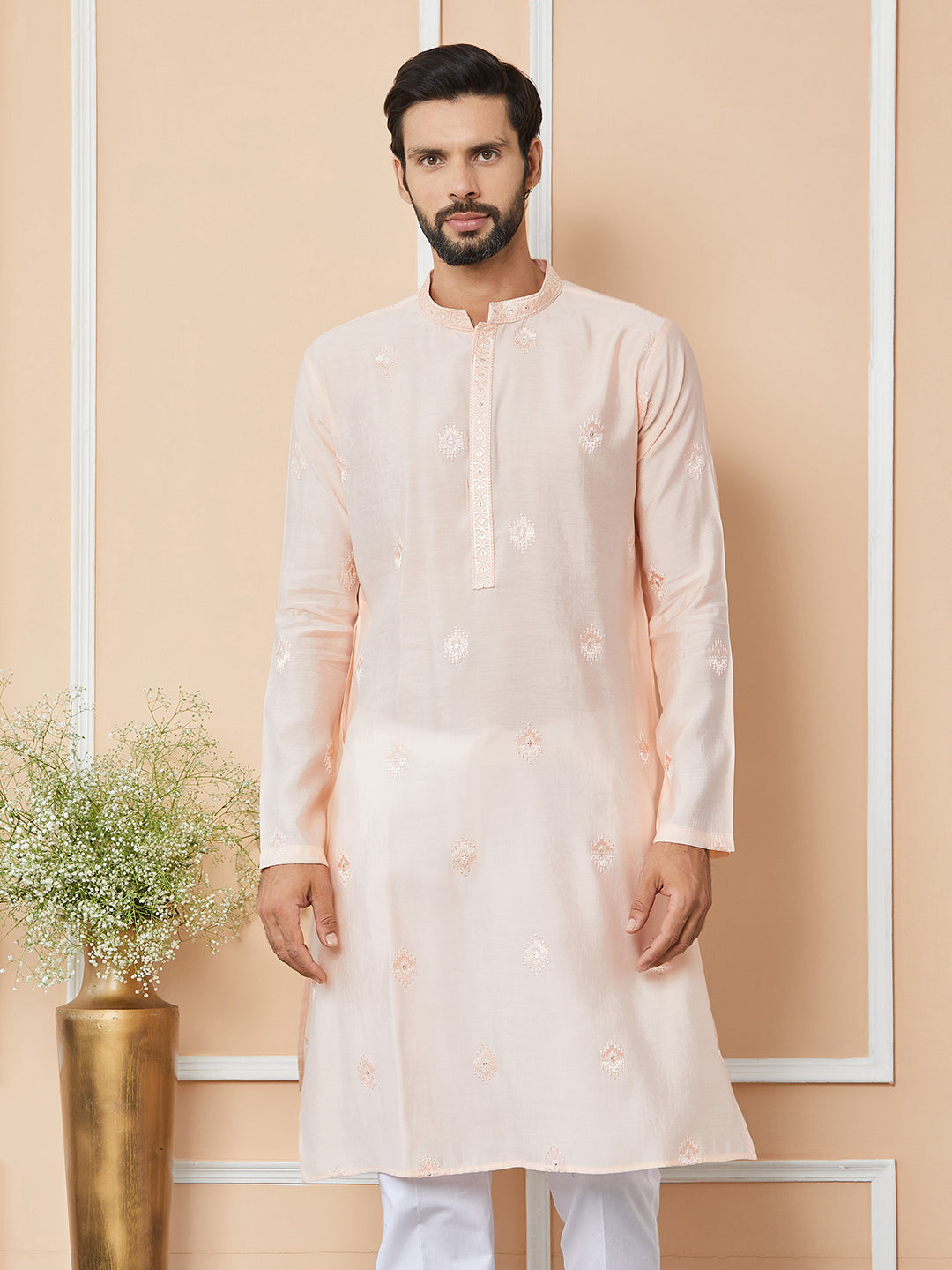 Peach Embroidered Pure Chanderi Silk Straight Kurta