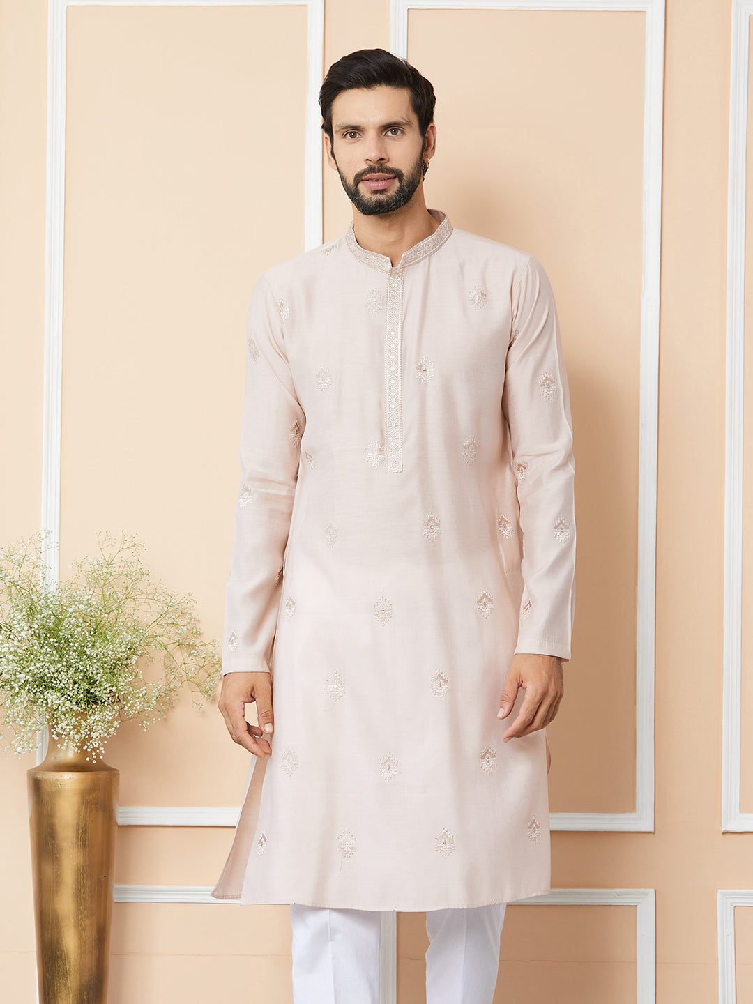 Light Classic Rose Embroidered Pure Chanderi Silk Straight Kurta
