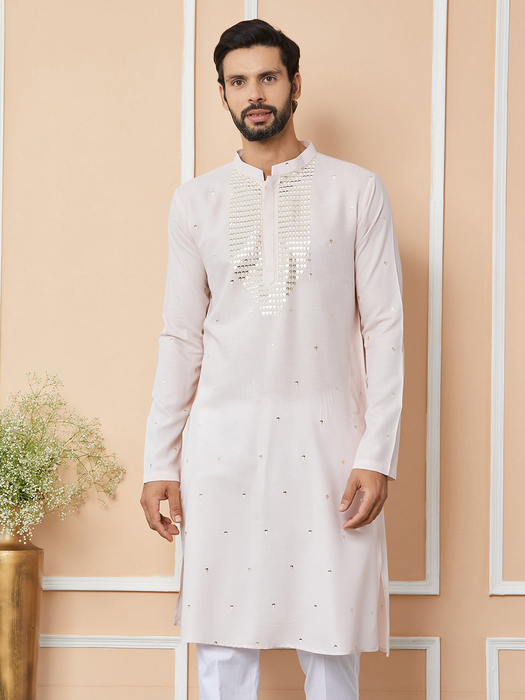 Light Pink Sequins Embroidered Rayon Straight Kurta with Yoke Design