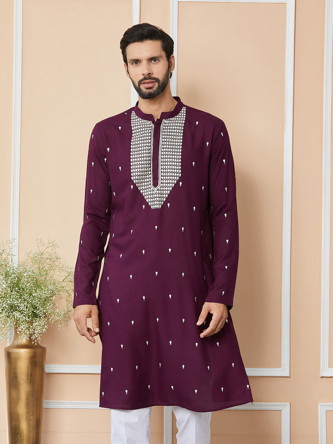 Purple Sequins Embroidered Rayon Straight Kurta with Yoke Design
