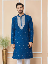 Royal Blue Sequins Embroidered Rayon Straight Kurta with Yoke Design