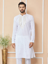 White Sequins Embroidered Rayon Straight Kurta with Yoke Design
