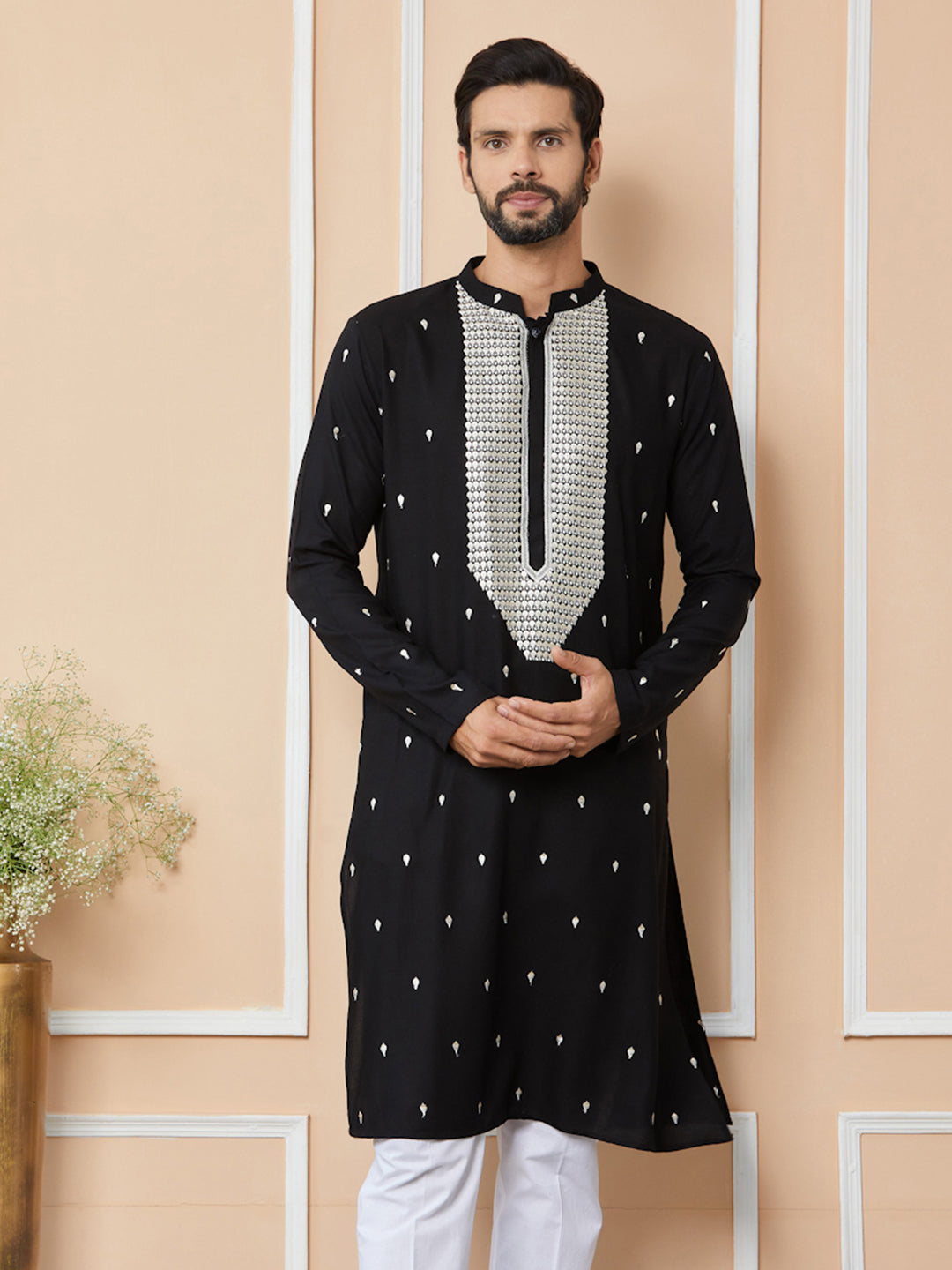 Black Sequins Embroidered Rayon Straight Kurta with Yoke Design