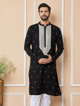 Black Sequins Embroidered Rayon Straight Kurta with Yoke Design